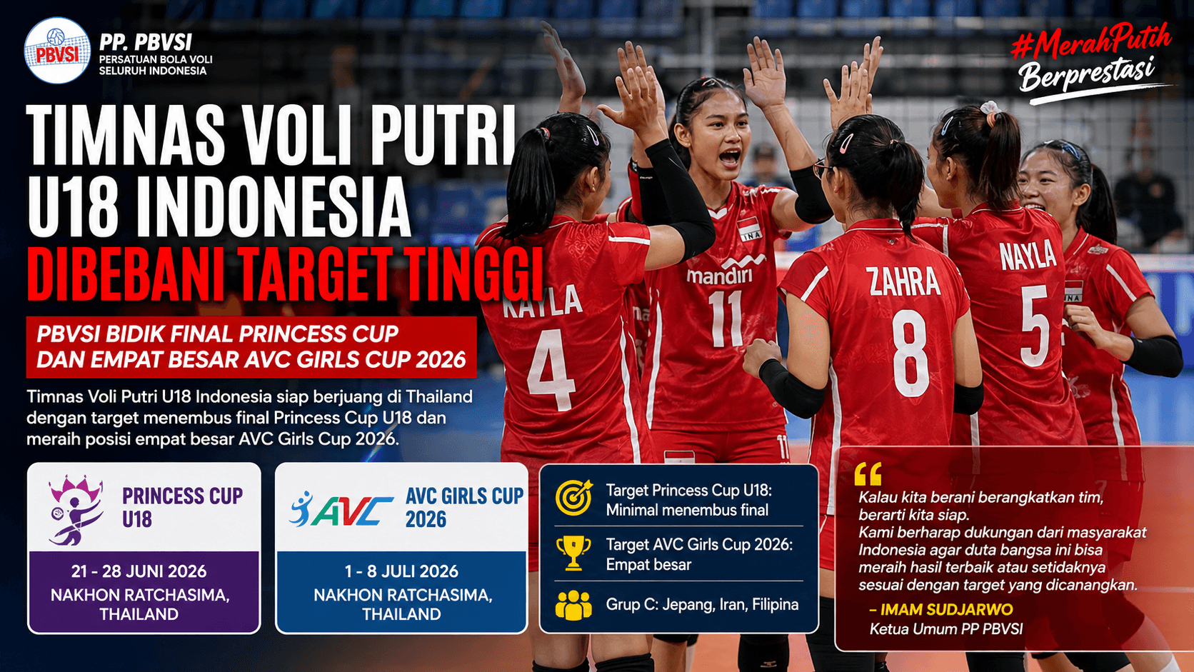 Timnas Voli Putri U18 Indonesia Dibebani Target Tinggi, PBVSI Bidik Final Princess Cup dan Empat Besar AVC Girls Cup 2026
