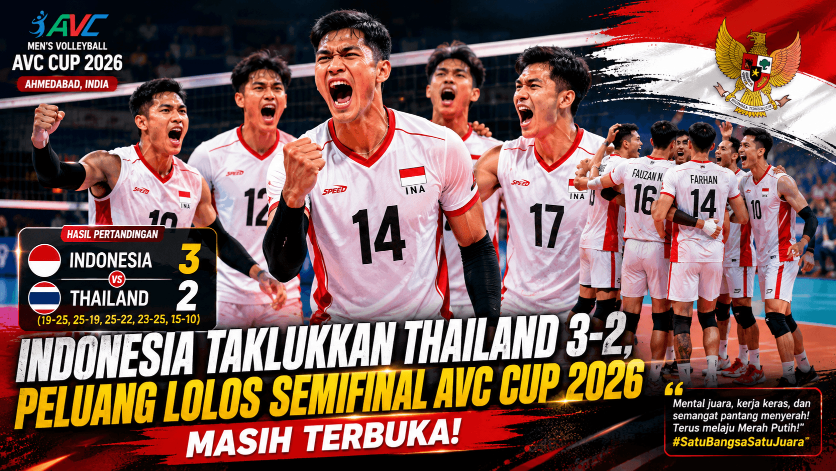 Indonesia Taklukkan Thailand 3-2, Peluang Lolos ke Semifinal AVC Cup 2026 Masih Terbuka