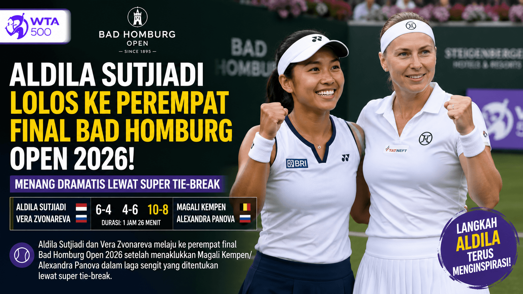Aldila Sutjiadi Tembus Perempat Final Bad Homburg Open 2026 Setelah Duel Sengit Tiga Set